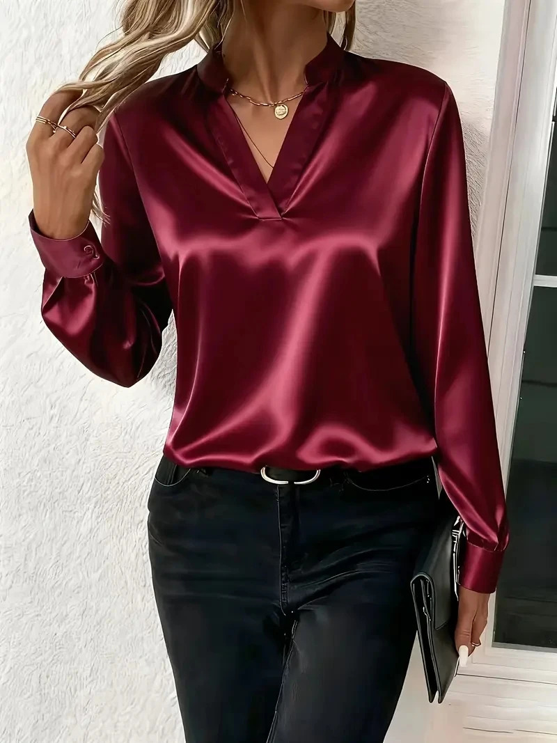 Elegant Long Sleeve VNeck SilkLike Top for Women Perfect Office Evening Wear 260207