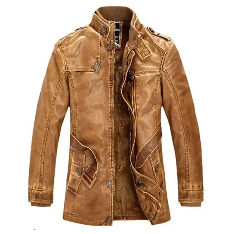 High Quality Leather Jacket Men Slim Warm Washed Motorcycle Biker Jackets Standing Collar Coat Plus size 4XL Long Parkas 260205