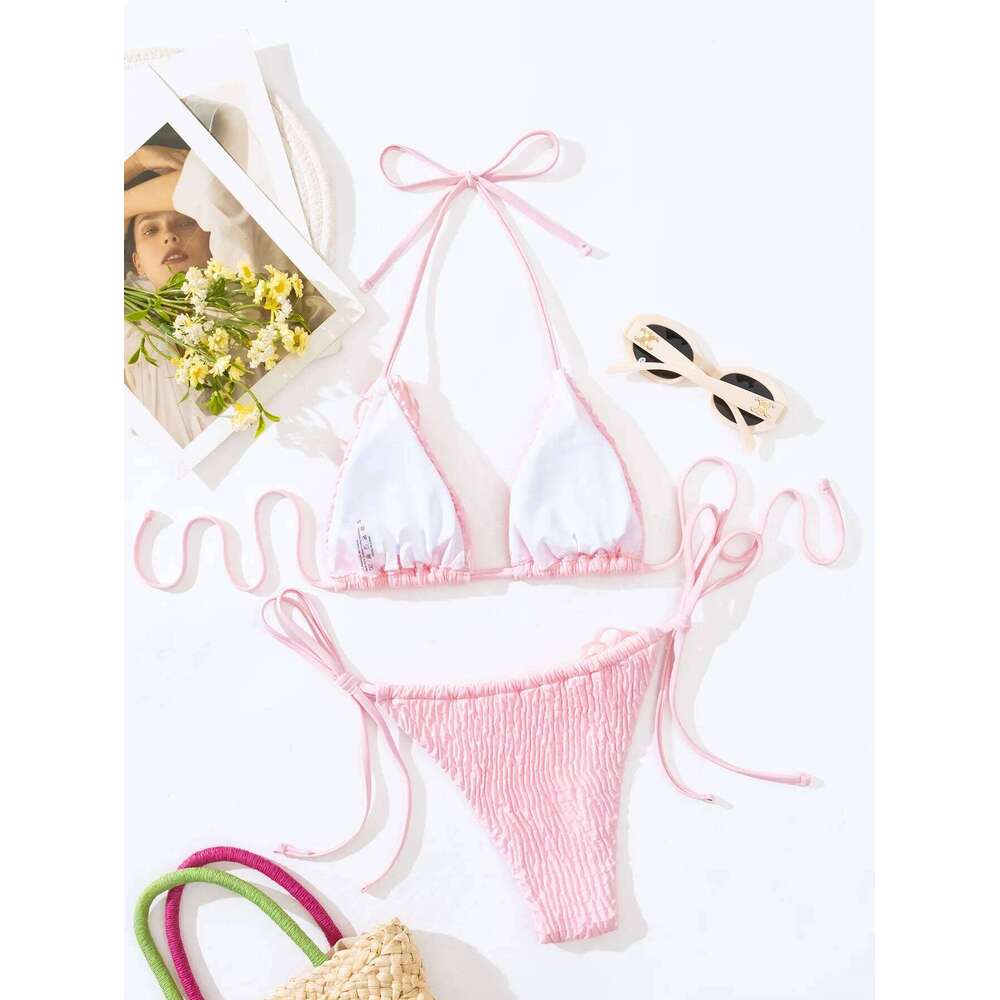 sexy 3D pink flower wrinkled halter string bikinis sets two pieces high waist swimsuit padded thong swimwear female bathing suit C260207