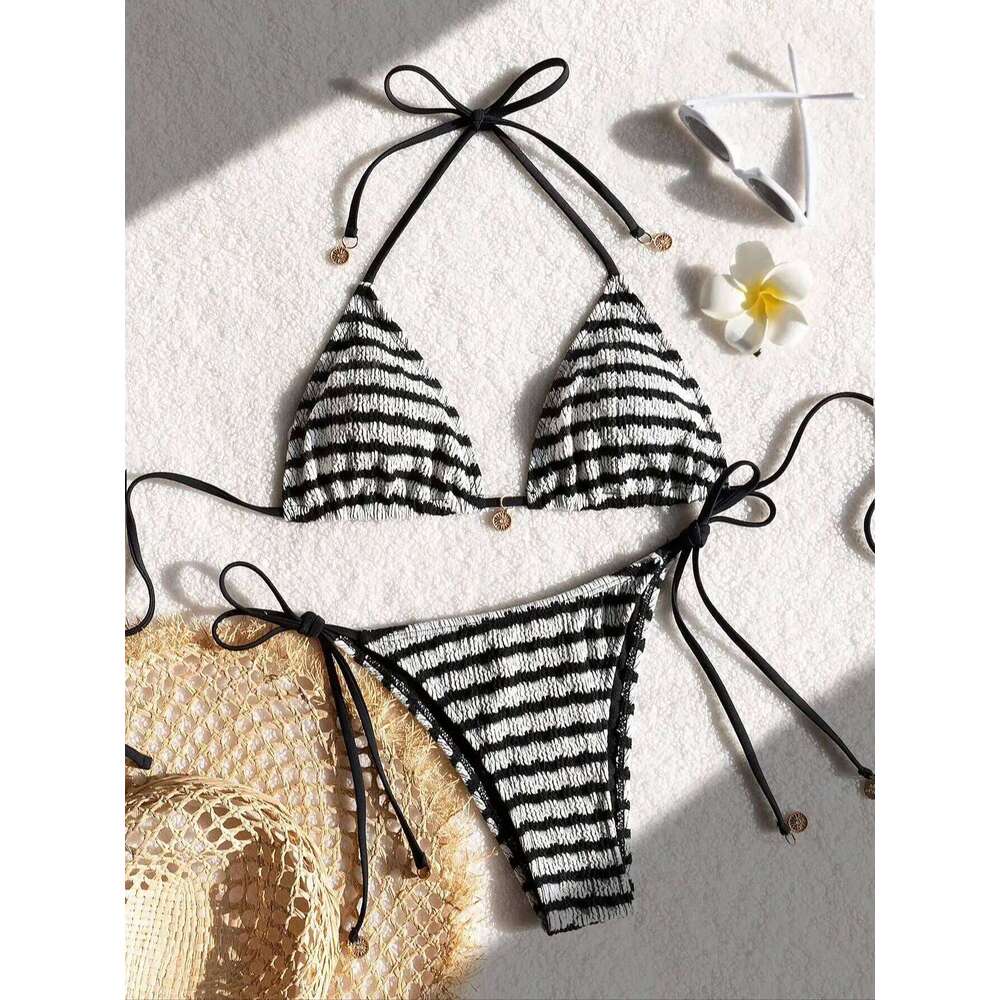 Ladies' striped and water ripple split sexy SexHy bikini swimsuit color blocking fashion high-end hot spring par C260207