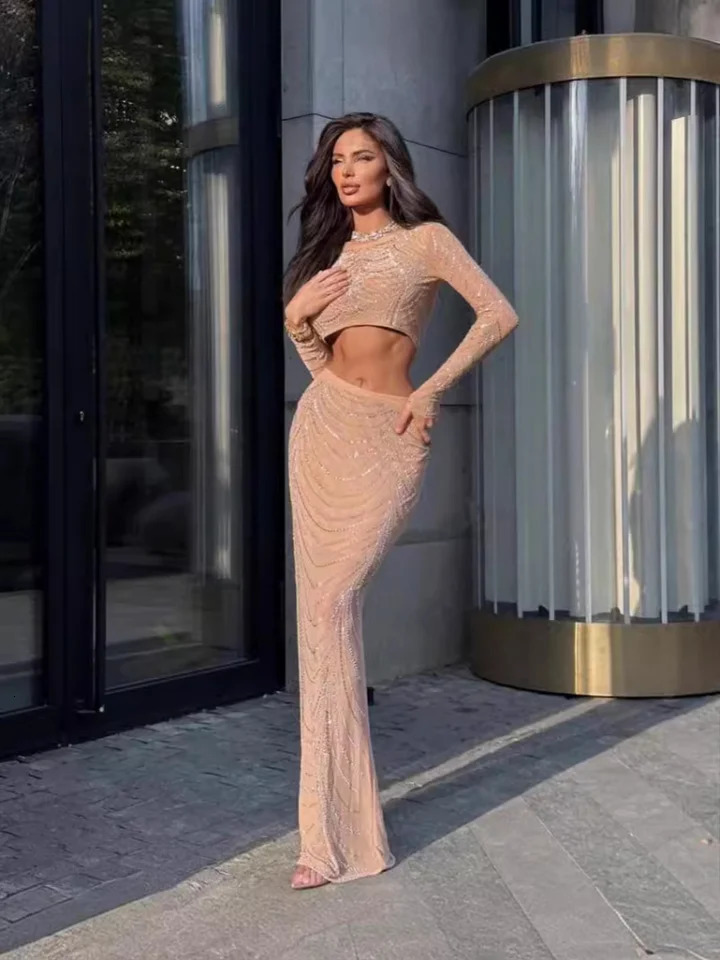 Women Celebrity Sexy Long Sleeve O Neck Diamonds T-shirt Black Split Skirt Set Elegant Evening Club Party Outfits 260122