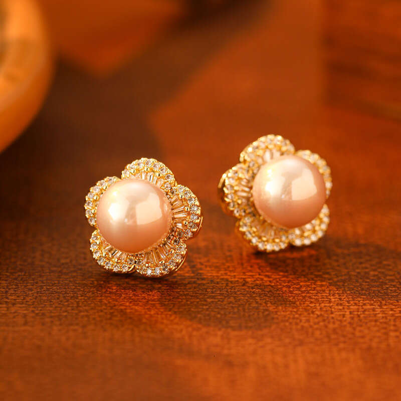 Micro Inlaid Full Zircon Flower Pearl for Women Fashion Simple Elegant Earrings New High-end Light Luxury Exquisite Ear Jewelry