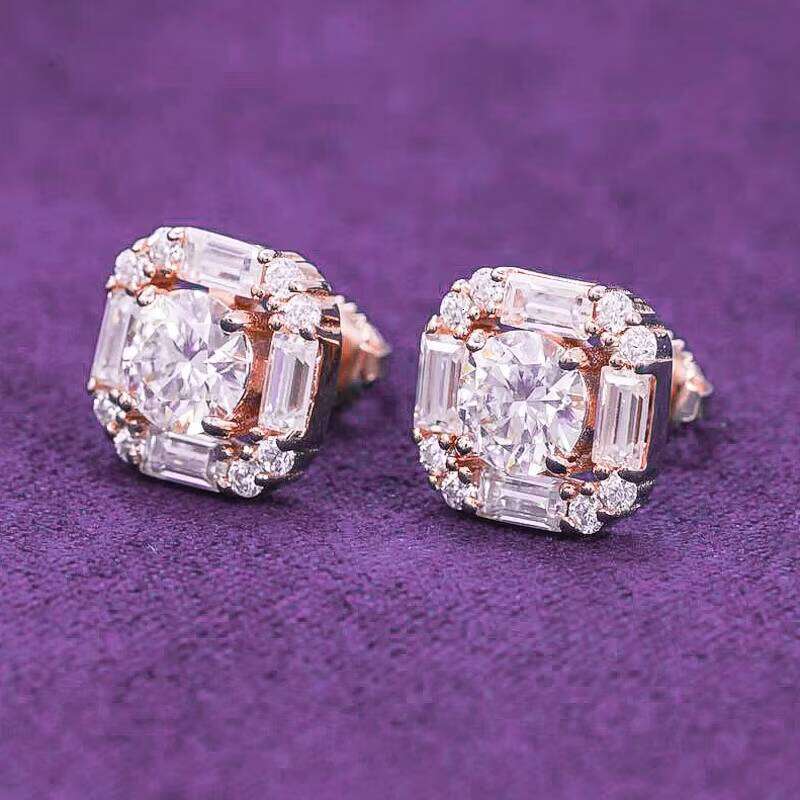 Pass Diamond Tester Hip Hop D Color Baguette Moissanite Halo Square Men's Cluster Stud Earrings With 925 Sterling Silver GRA