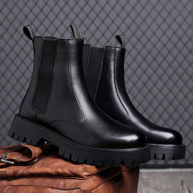 big size men fashion high chelsea boots slipon genuine leather shoes black stylish cowboy platform boot long motorcycle botas 260208