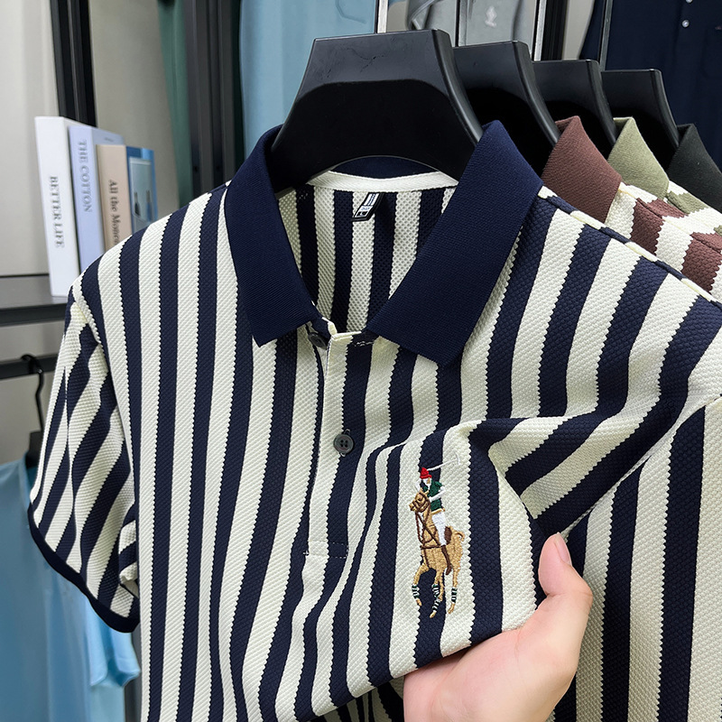 Free shipping 2026 summer new short sleeved striped light luxury casual embroidered pony lapel polo shirt