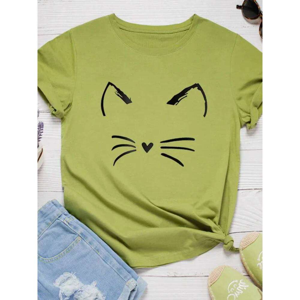 Cat Face Print T Short Sleeve O Neck Loose Women Tshirt Ladies Tee Shirt Tops Clothes Camisetas Mujer C260207