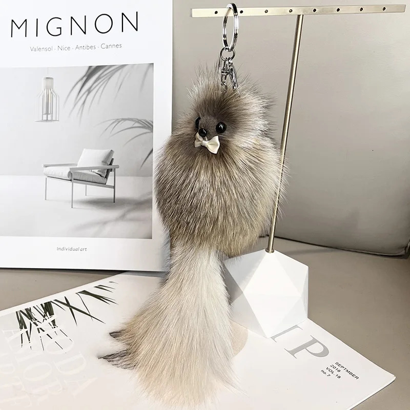 Cute Fluffy Bow-knot Fox Ball Key Chain Rings Pompom Real Fox Fur Charm Keychain Car Bag Key Ring Women Jewelry 260107