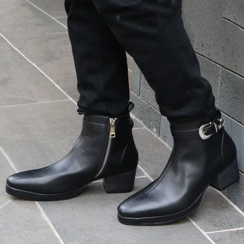 High Quality Mens Chelsea Boots British Style Retro Hightop Round Head Buckle Leather Booties Botas Hombre 260208