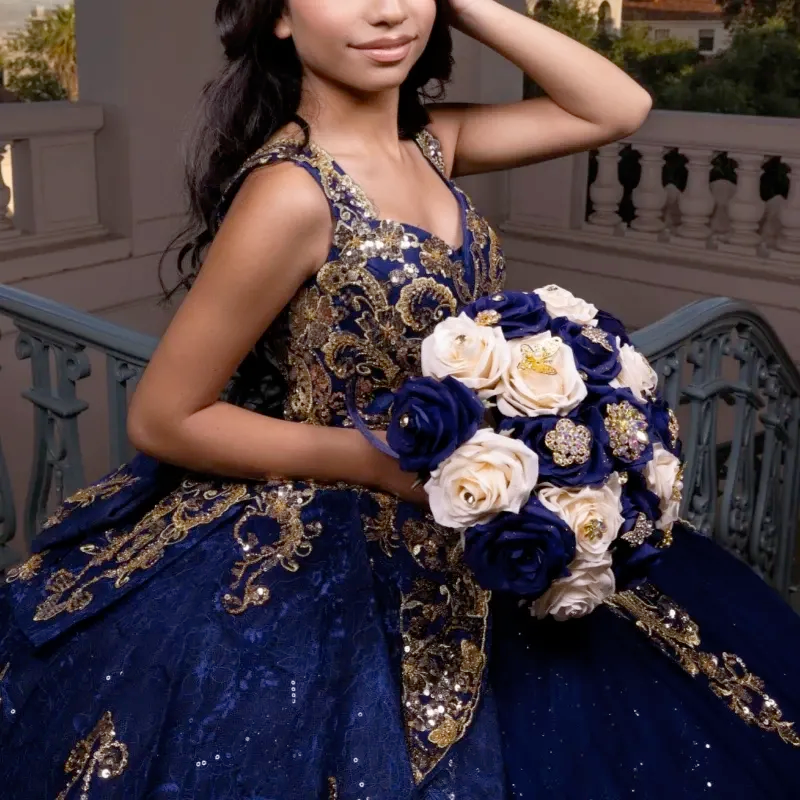 Navy Blue Shiny Quinceanera Dresses Off Shoulder Ball Gown Sweet 16 Dress Beading Gold Applique Bow Tull Birthday Party Vestidos 15 De Anos HR1811