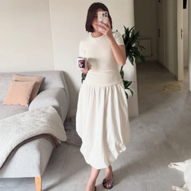 HXAO 2025 Womens Balloon Dresses Summer Elegant Evening Party Long Dresses Off White Patchwork Short Sleeve Dress Chic Vestidos 260122