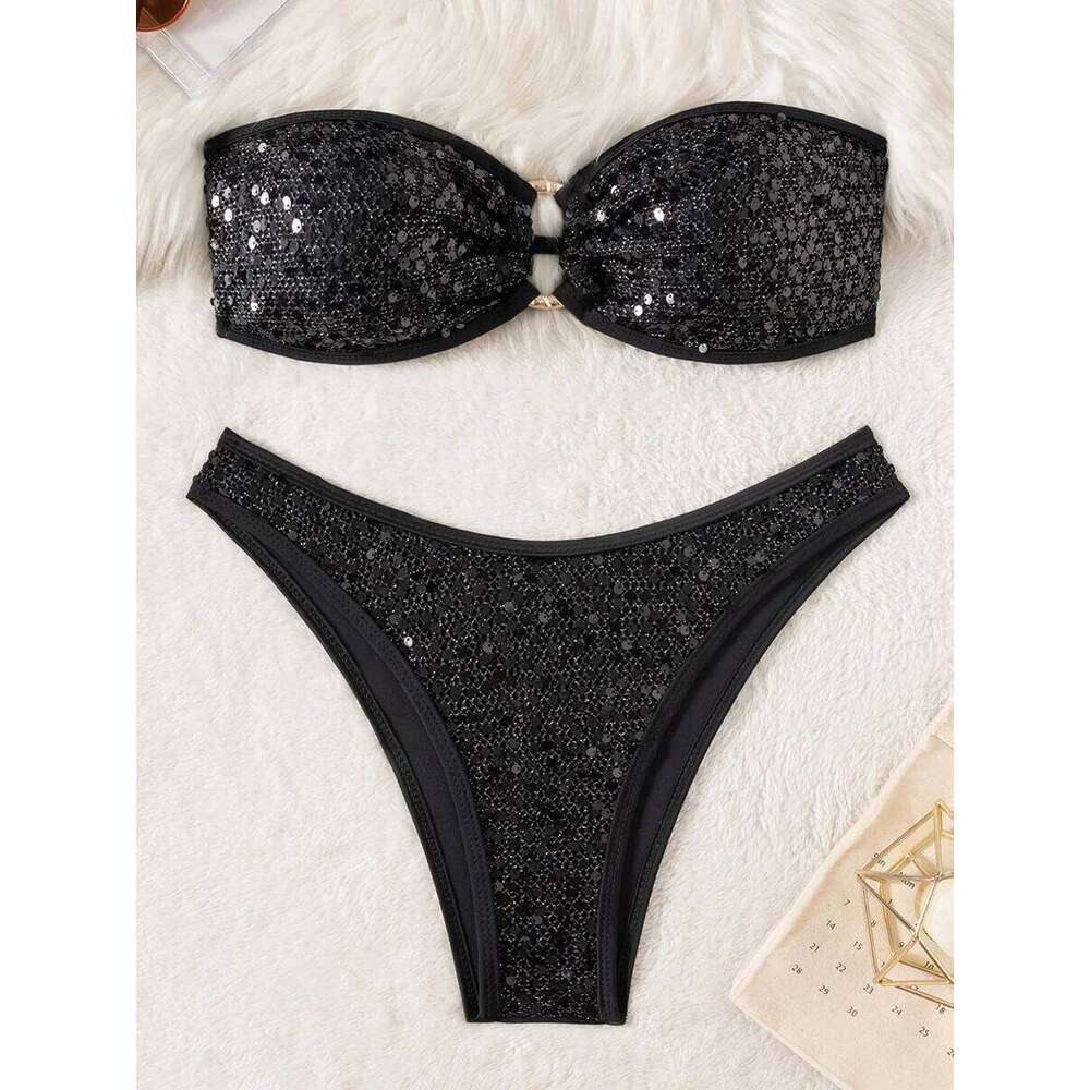 Sequins Shiny Mesh Bandeau Female Swimsuit Women Swimwear Two-pieces Bikini Set Brazilian Bather Bathing Suit Swim Lady C260207