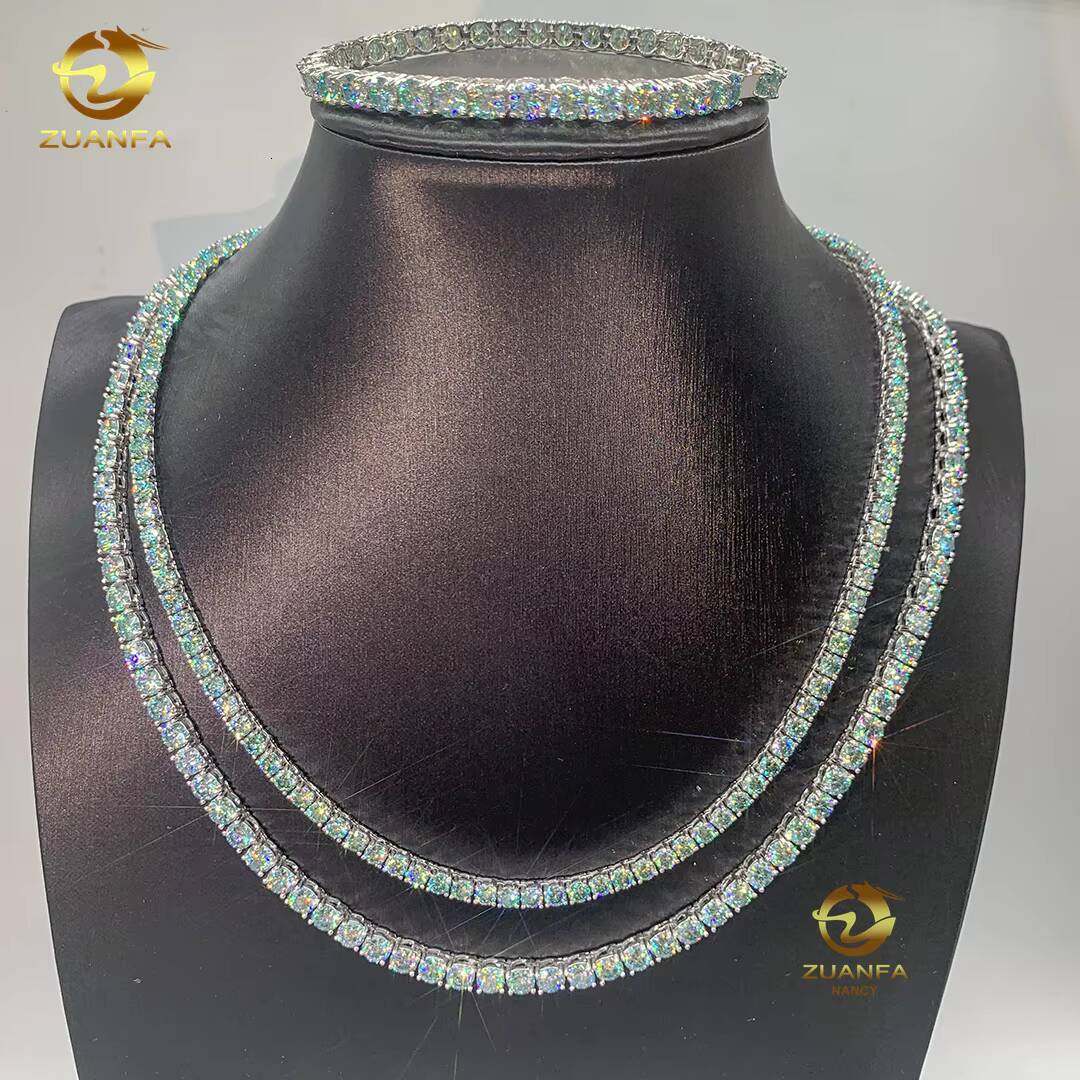 Hot Sale 3mm 4mm 65mm S925 Sterling Silver Gold Plated Blue Green Diamond Necklace Moissanite Tennis Chain