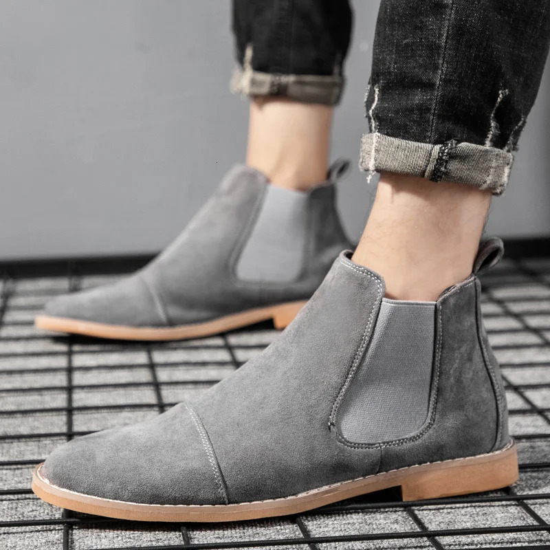 Fashion Gray Chelsea Boots Man Pointed Toe Boot Comfortable Leather Ankle Men Slip on Mens Casual botas para hombre 260208