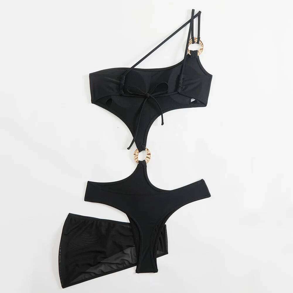 Sexy Black Shoulder Swimsuit One Piece Metal Ring Swimwear with Cover Up Bathing Suit Hollow Out Monokini Swimming Wear C260207