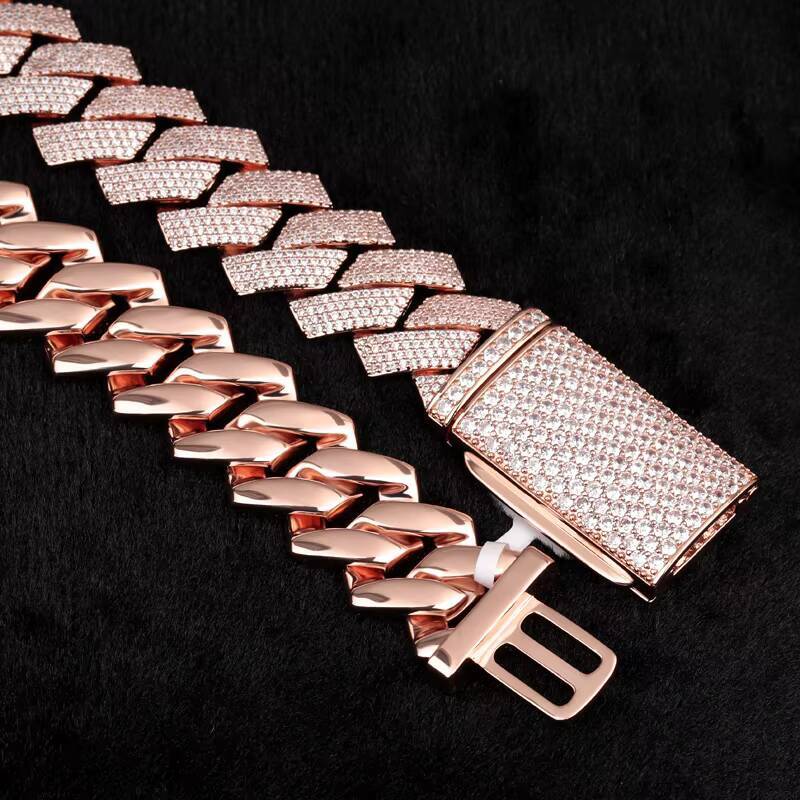 Wholesale Price Heavy Silver Weigh 20mm 3rows VVS Moissanite Diamond Rose Gold Plated Cuban Link Chain for Man Hip Hop Necklace