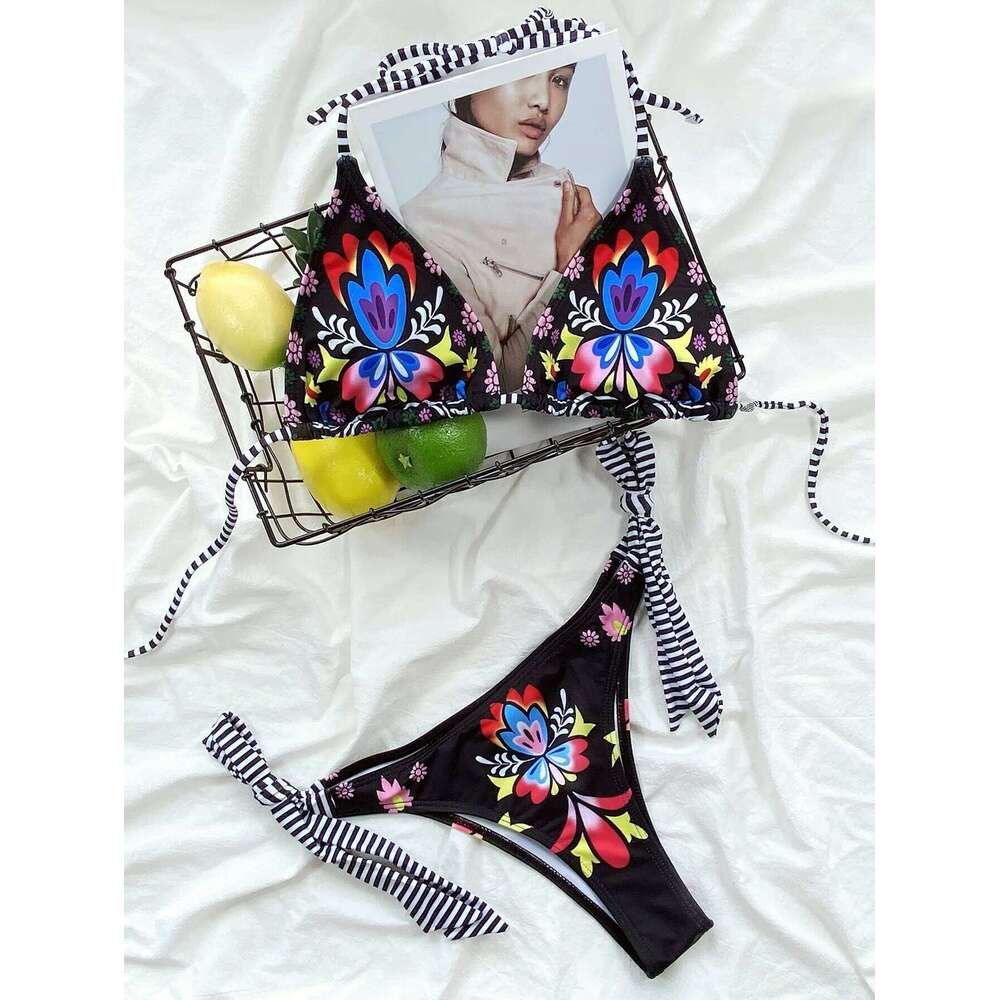sexy gothic print black triangle set separate high waist thong Swimwear Biquini conjunto de bikini tankini beachwear C260207