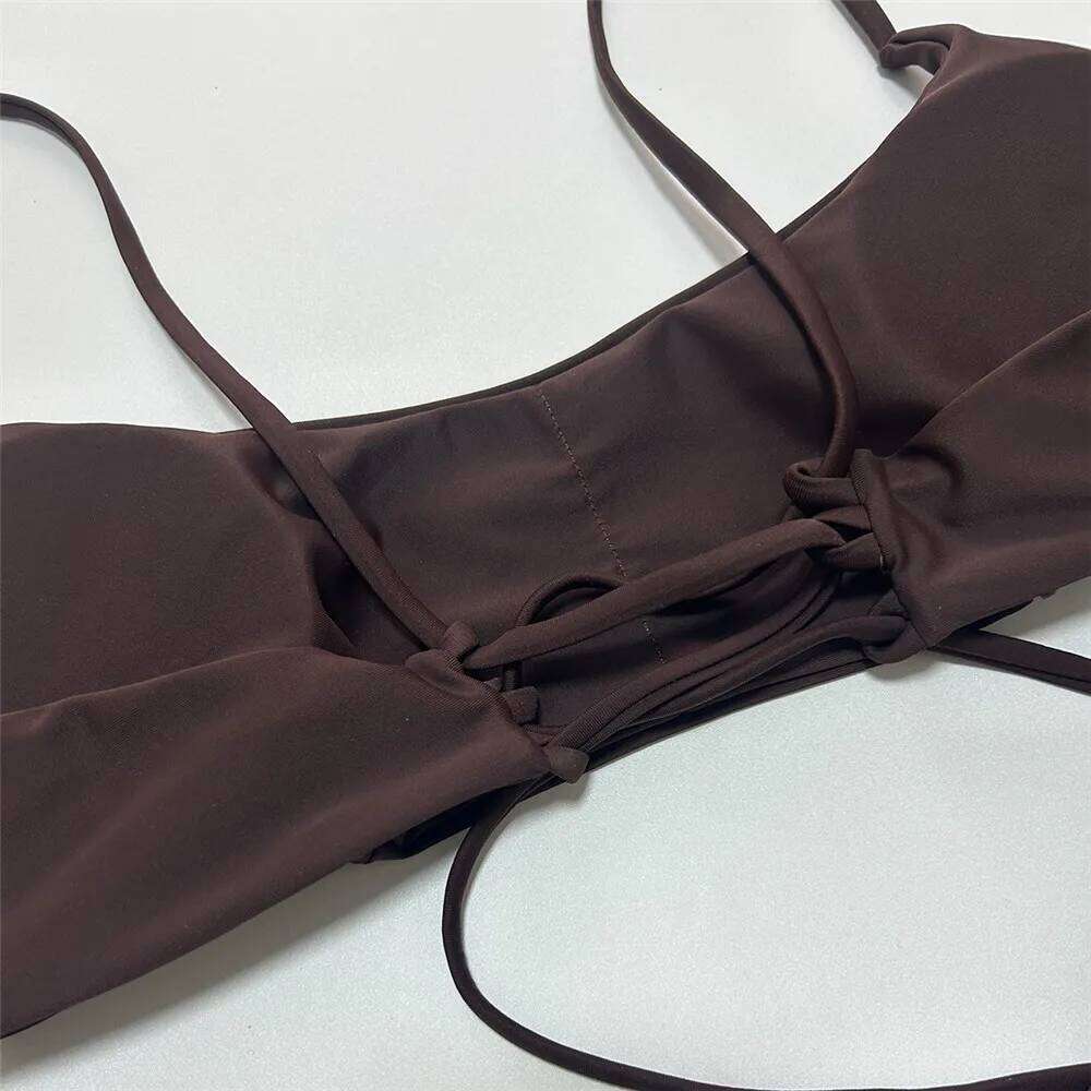 Brown Bandeau Micro Bikini Set Back String Lace-up Sexy Swimsuit Solid Swimwears Woman 2026 High Cut Bathing Suit Bikinis Femmes C260207