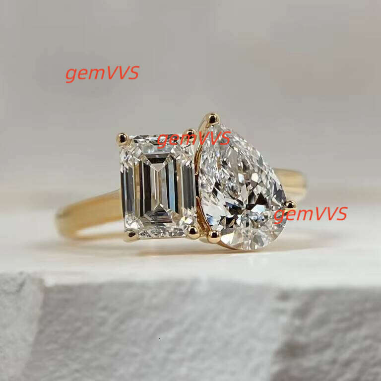 Fine Jewelry Custom Real 14K 18K Solid Gold Emerald And Pear Shape Lab Grown Diamond Engagement Band Ring