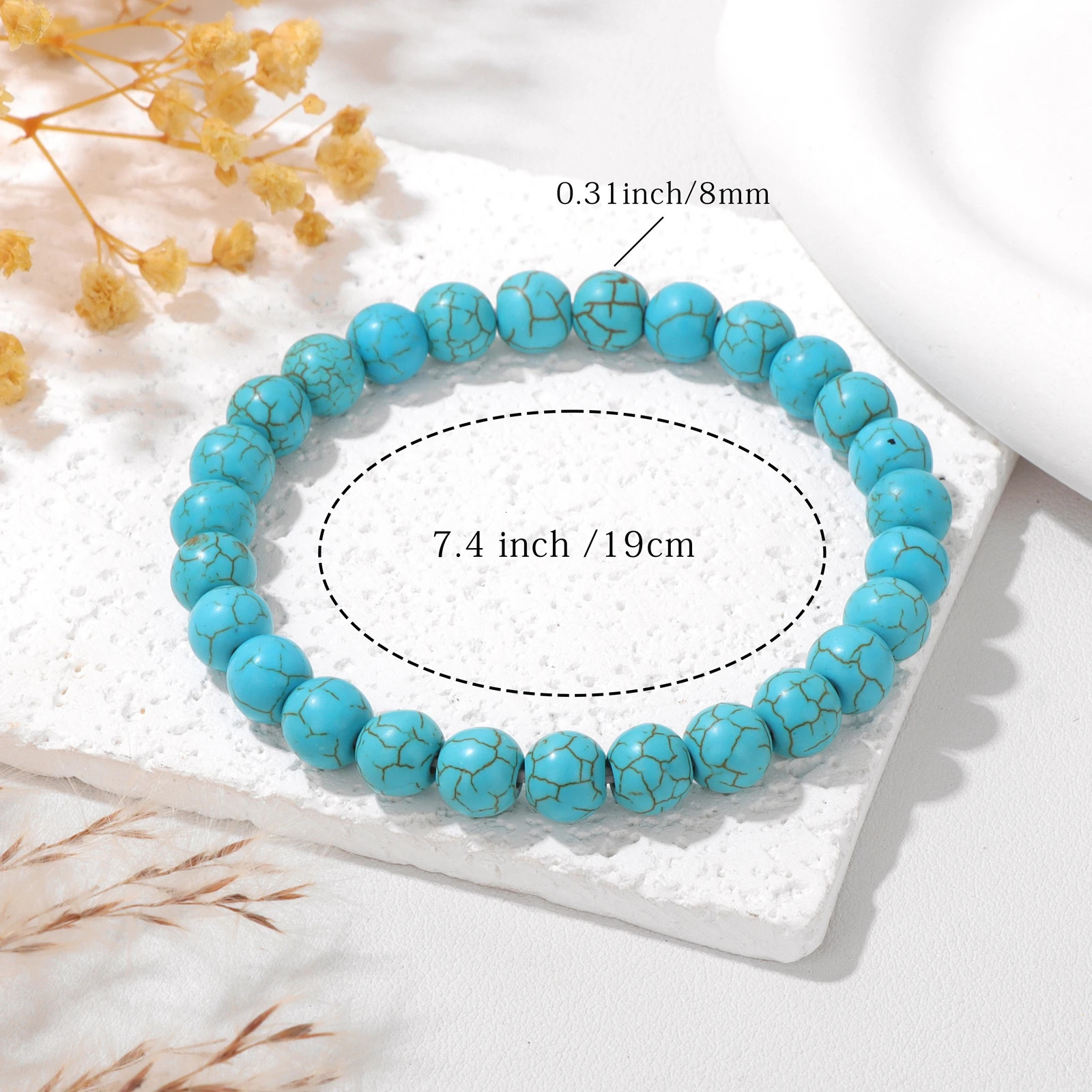 468mm Natural Blue Turquoises Beads Bracelet Smooth Round Beaded Bracelets with Card for Women Men Elastic Bangle 260130