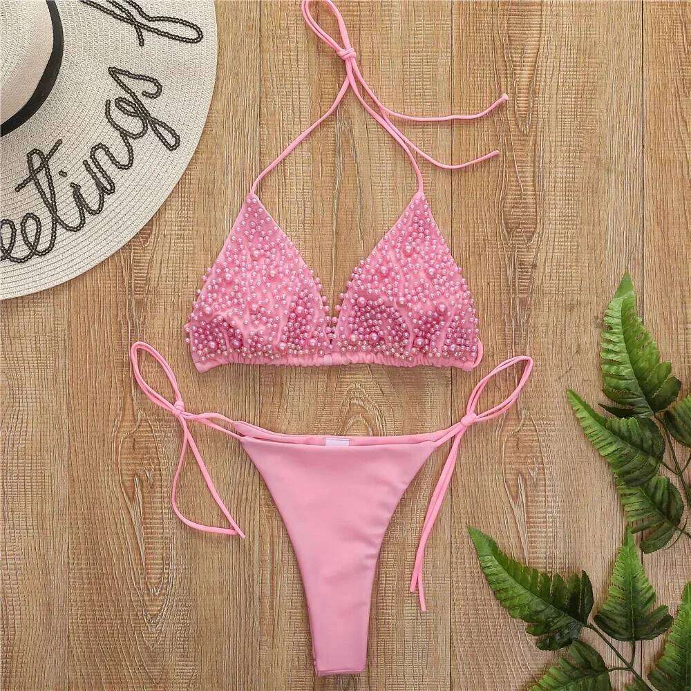 Pearl Bikini String Thong Swimsuit Kawaii Y2K Swimwear Trend Women Two Piece Bathing Suit Beachwear Bikinis Set Vacation Outfits C260207