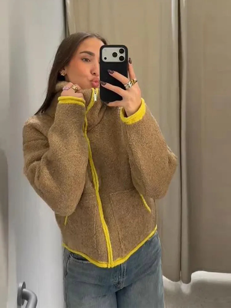 Panelled Knitted Womens Cardigan Long Sleeve Zipper Loose Female Fur Jacket 2025 Winter Street Fashion All-match Lady Coats 260122