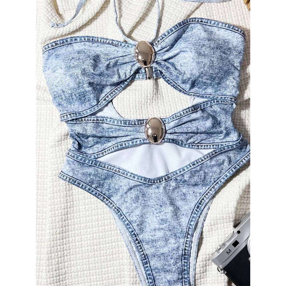 Sexy Hollow Out Twist Bikini Denim Print Halter String Bandeau Swimsuit High Cut Swimwear Women Trend Bathing Suit Beach Biquini C260207