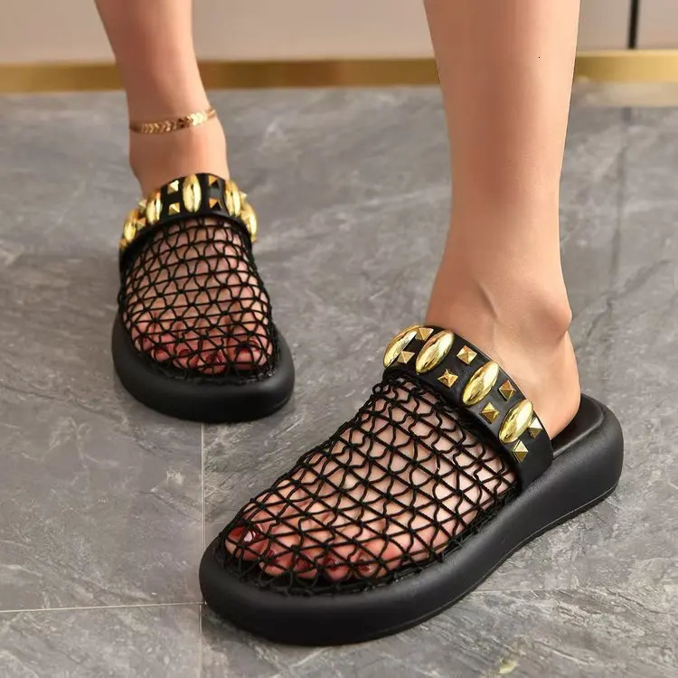 2026 hollowed out breathable toe cap half drag thick sole Roman temperament versatile fashion beach slippers 260208