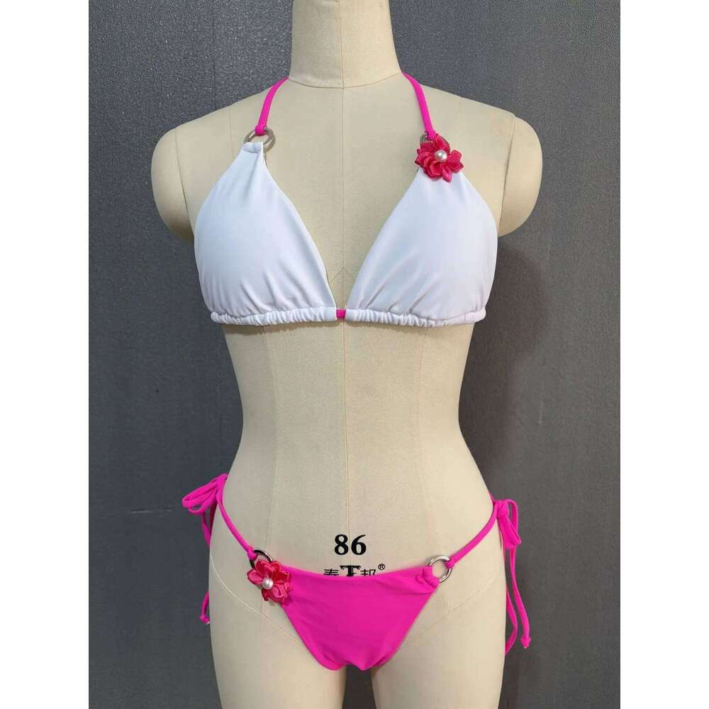 2025 Sexy Thong Bikinis Two Pieces Swimsuit Women Swimwear White Pink Beach Wear Bathing Suits Brazilian String Bikini Flower C260207