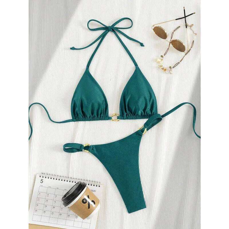 Classic Solid Color Split Bathing Suit Women Metal Buckle Halter Bandage Bikini Set 2026 New Summer Beach Sexy Trendy Swimwear C260207