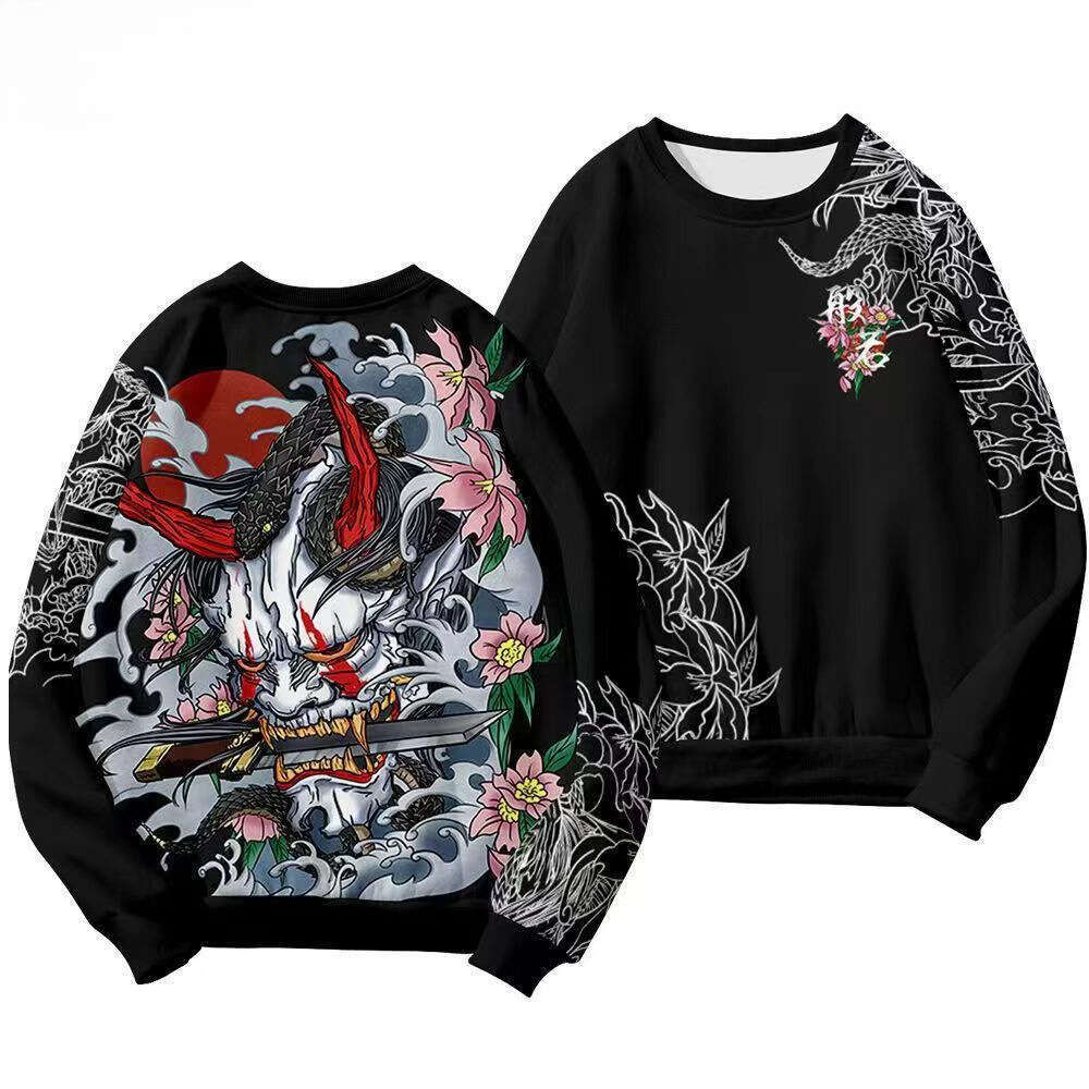 Trendy New Chinese-Style Hoodie With Hannaya Demon Print, Suitable Autumn And Winter, Featuring A Unique Design Inspired By Hundred Demons Of The Nigh
