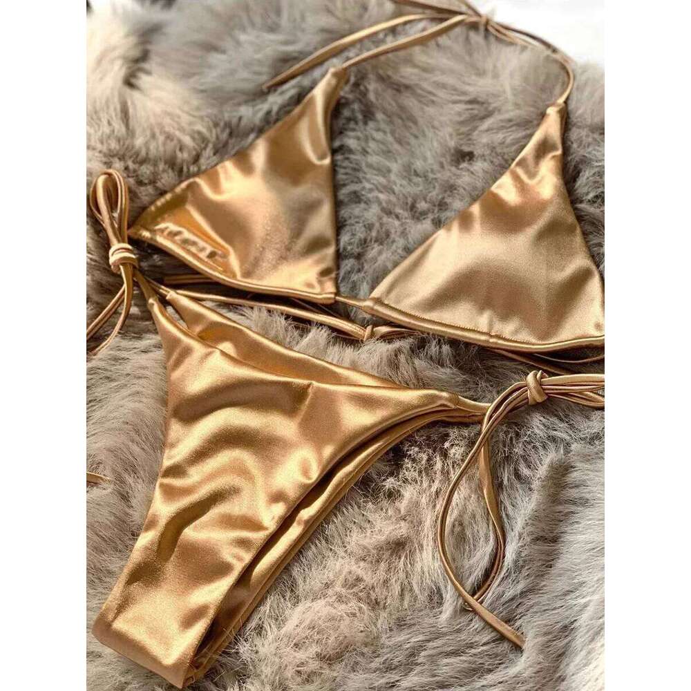 Wrap Around Halter Metallic Satin Women Swimwear Female Swimsuit Two-pieces Bikini Set Brazilian Bathing Suit Swim Lady C260207