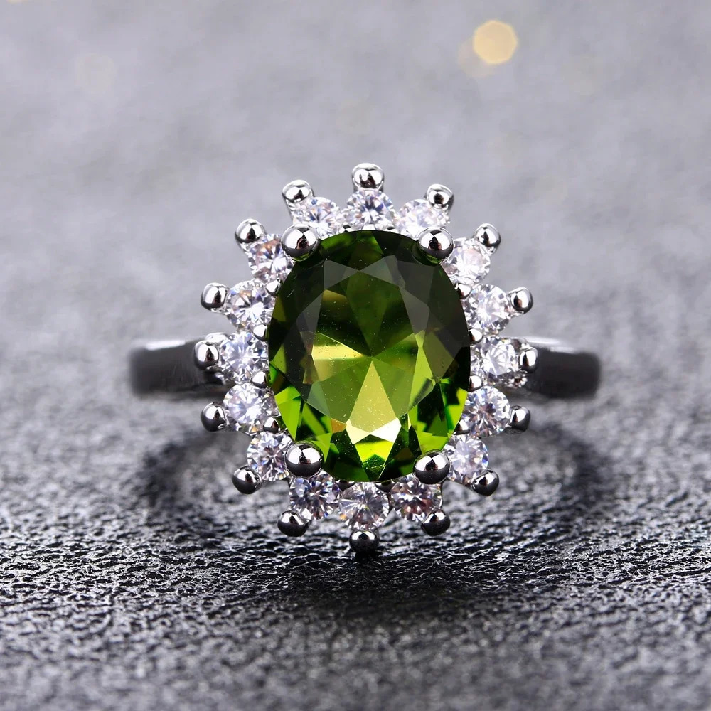 QIBAOKU Retro Silver Ring for Women Flower Rings with Peridot Stones Shining Wedding Engagement Rings Jewelry 260107