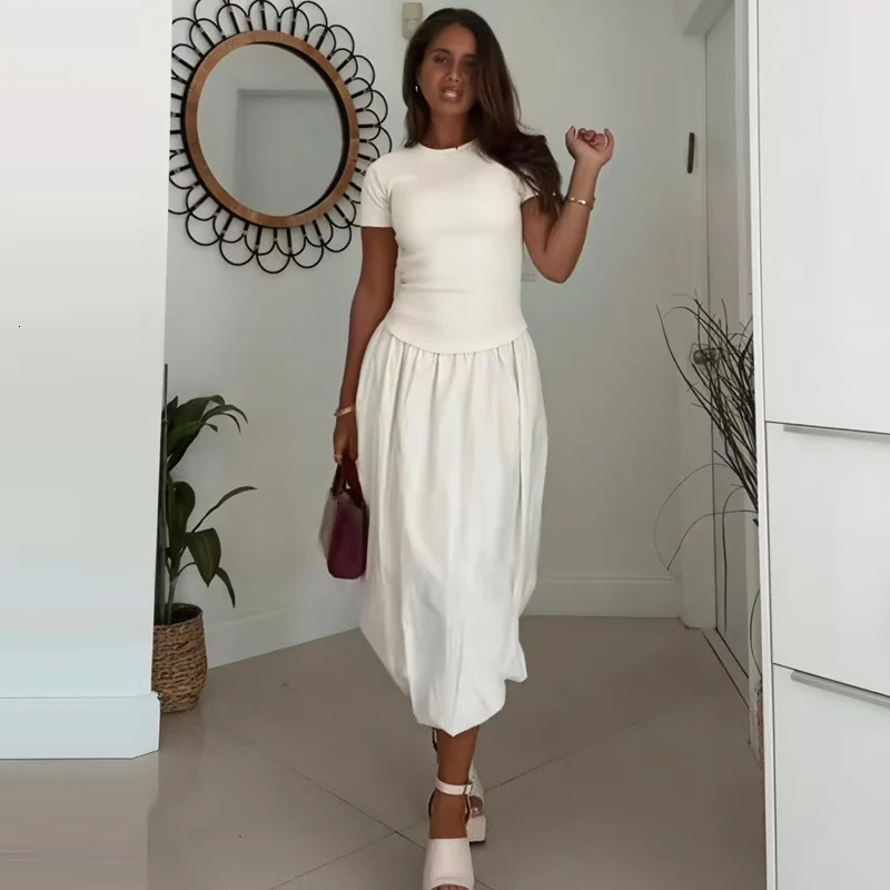 HXAO 2025 Womens Balloon Dresses Summer Elegant Evening Party Long Dresses Off White Patchwork Short Sleeve Dress Chic Vestidos 260122