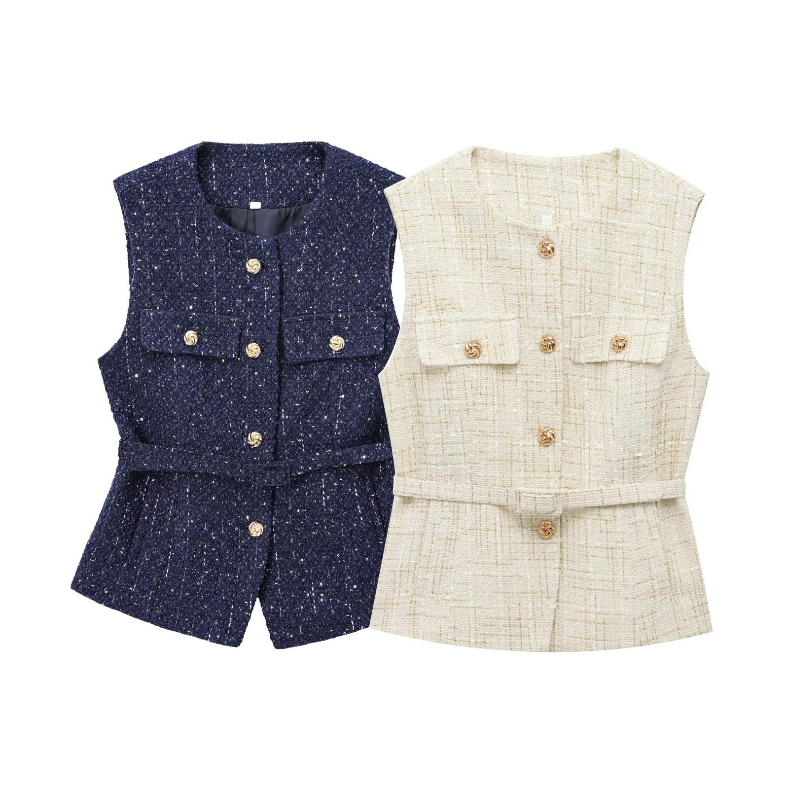 Women's Vests Tweed Waistcoat with Belt O Neck Sleeveless Front Button Female Outerwear Chic Tops Fashion