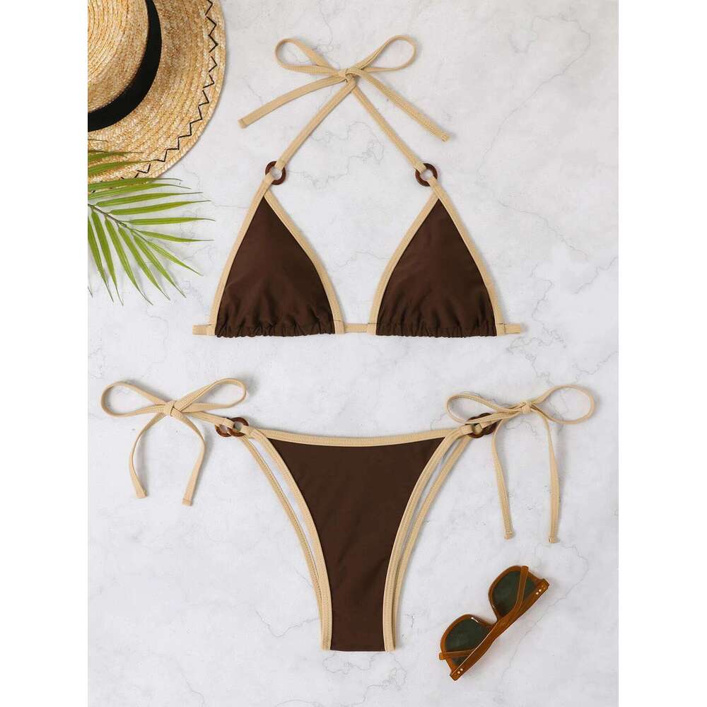 Contrast Binding Ring Bikinis 2025 Women Sexy Halter Swimsuit Triangle Swimwear Female Bathing Suit Swimming Summer Beachwear C260207