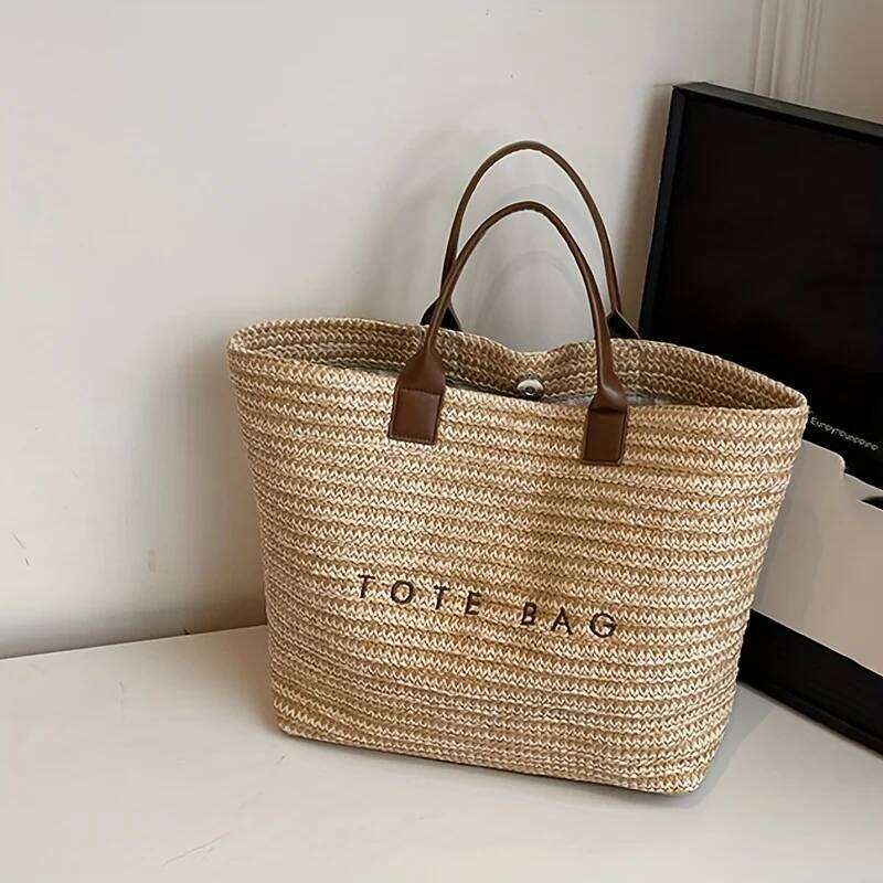 Handheld large capacity commuting letter embroidered women's fashionable casual grass woven tote bag, handbag C260207