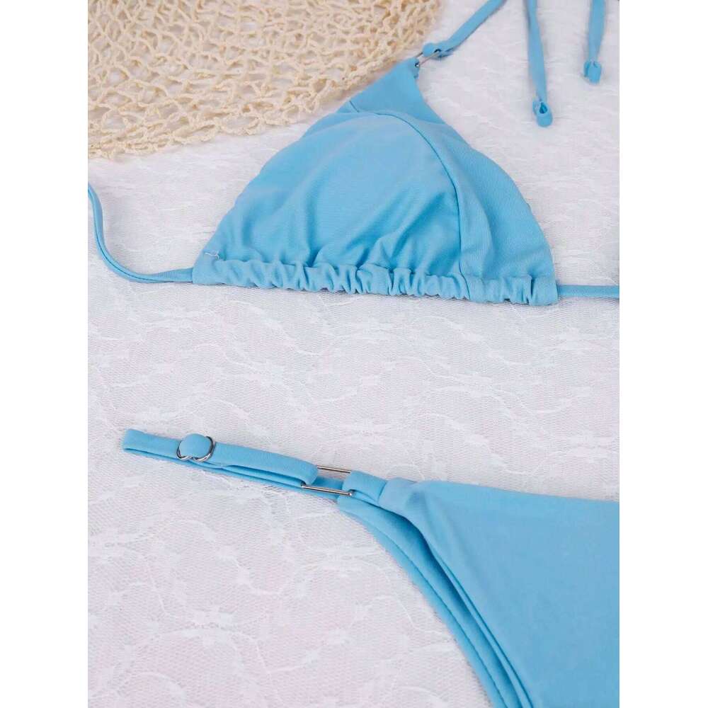 2025 Women's Sexy Blue Triangle Bikini Set High Cut Thong Bottoms Adjustable Straps - Perfect for Beach and Pool Parties C260207