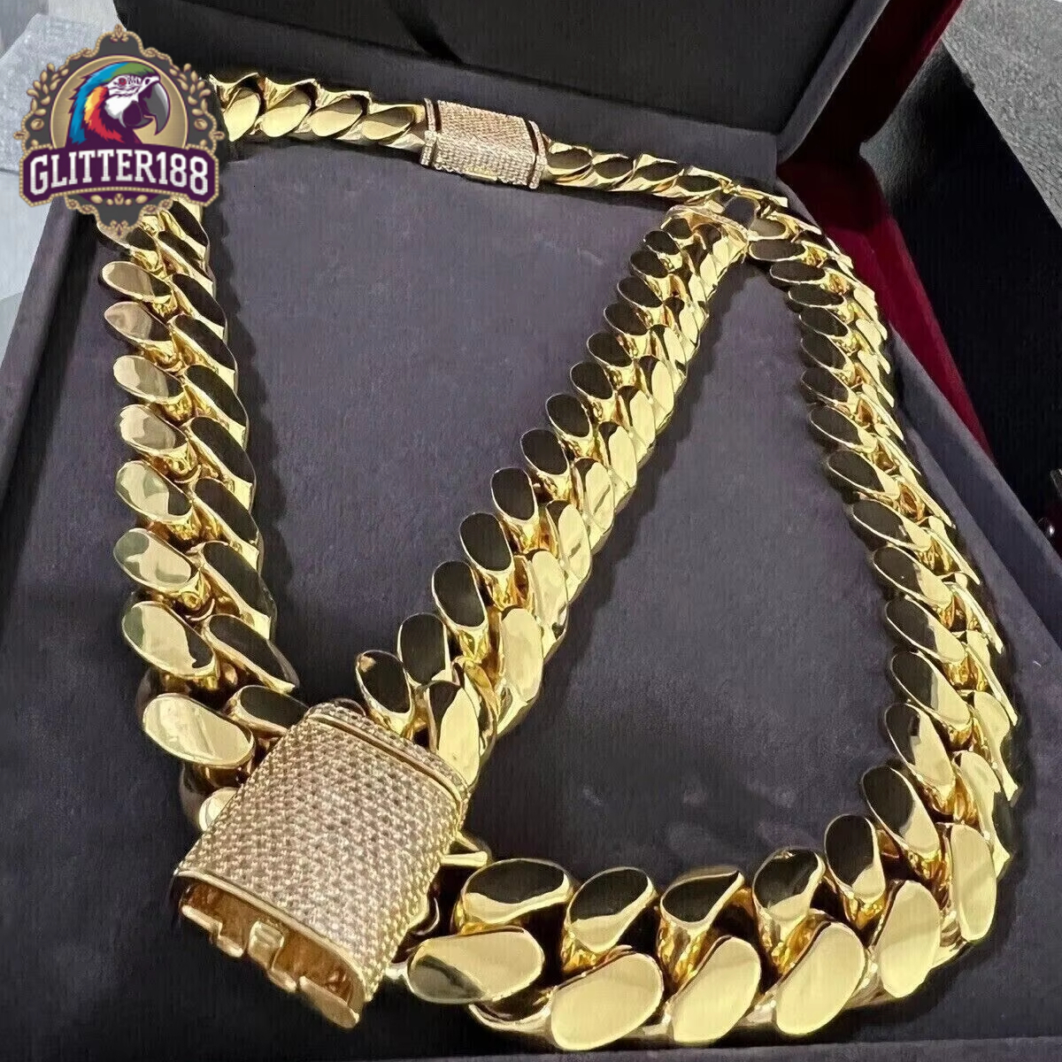 Moissanite Sterling Silver 14k Yellow Gold Plated Vintage Tishya Diamond Unisex Necklace 14mm X 24/22/20/18/16 Miami LINK