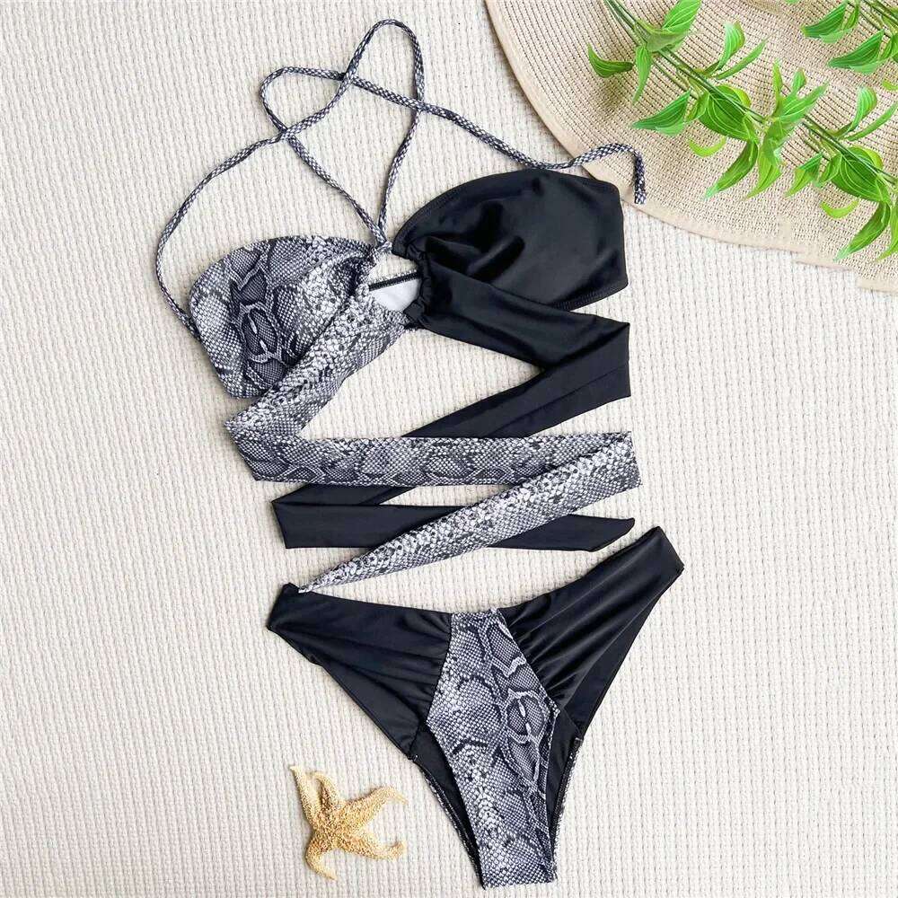 Sexy Snake Print Halter Bandeau Bikinis Set Thong Swimsuit Women Push Up Swimwear High Cut Bathing Suit Biquini Beachwear bikini C260207