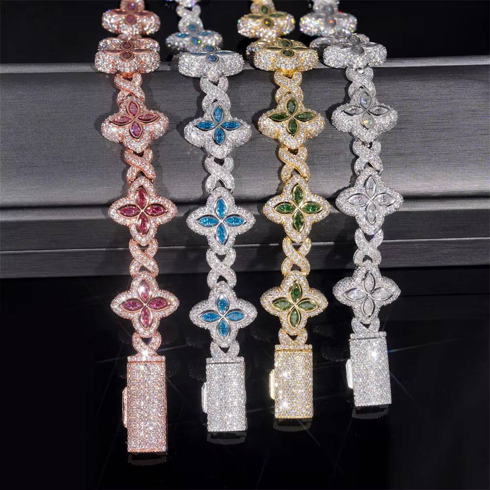 New Stocks Pass Diamond Tester Silver 925 Gold Plated Hip Hop Jewelry Custom Colored Moissanite Clover Cuban Bracelet 15mm