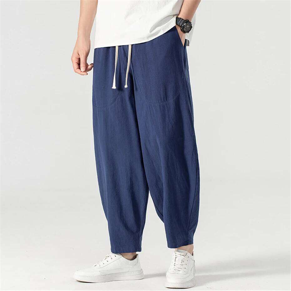 Linen Men Baggy Plus Summer Ankle-length Pants Male Solid Color Bottom Big Size 9XL