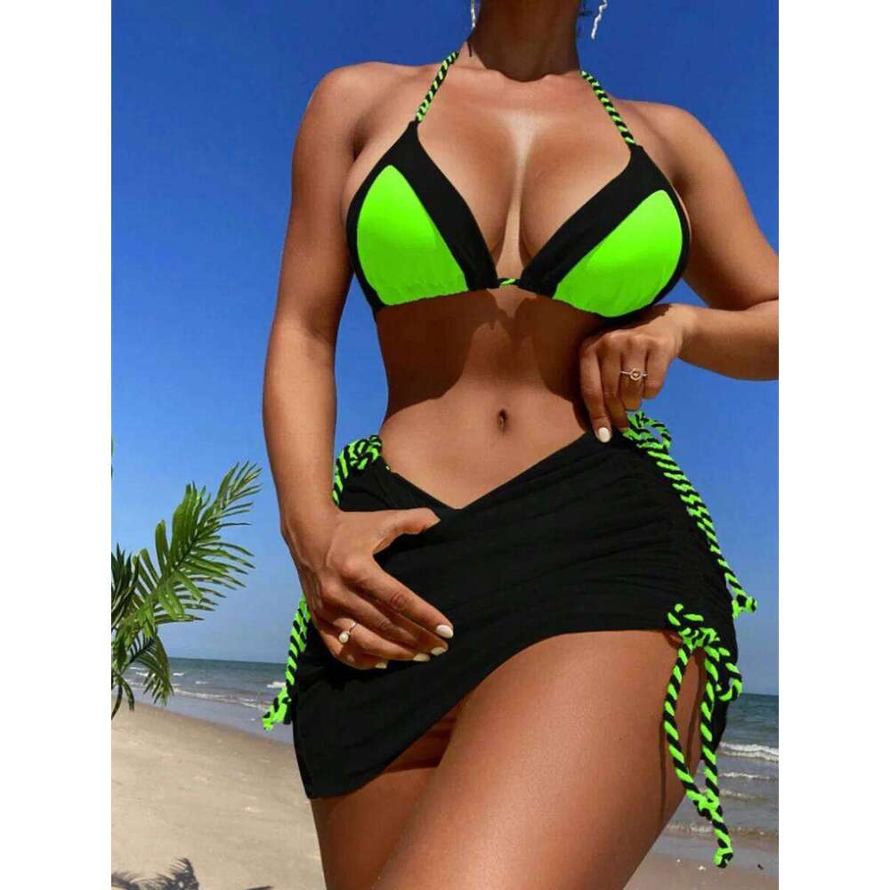 2025 Black Halter 3 Piece Bikini String Skirt Swimsuit Women Swimwear Female Bather Bathing Swimming Swim Suit Beachwear C260207