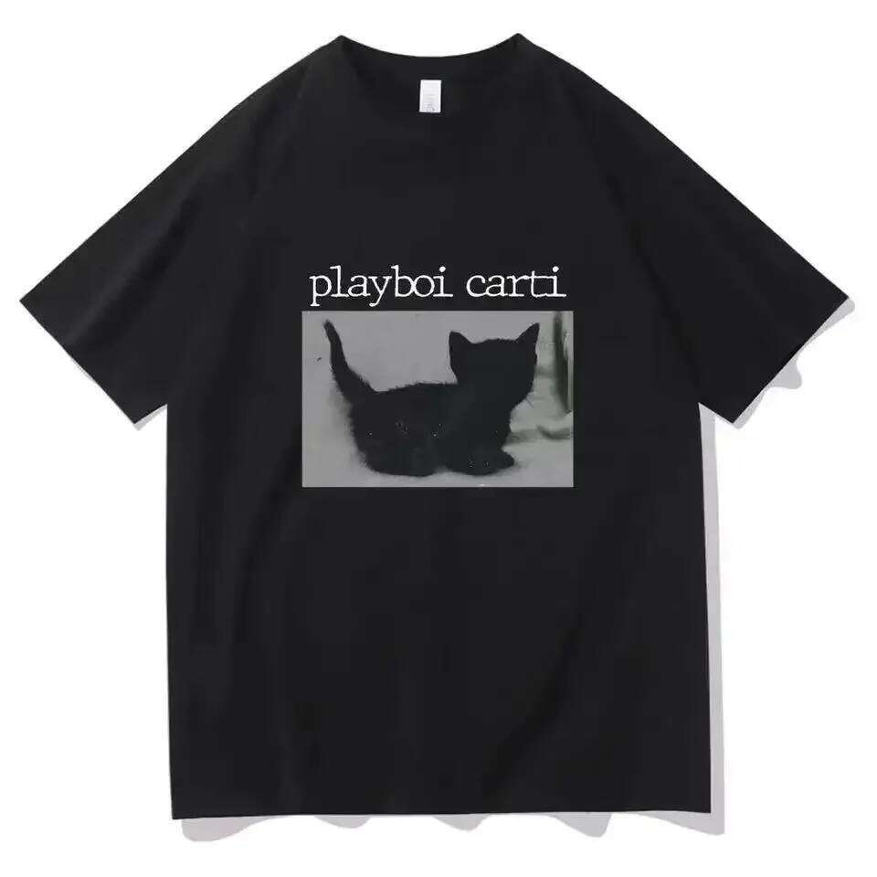 Summer Playboi Carti Oversized Hip-Hop Shirts Cute Cat Harajuku Print Regular Mens Tops Quality Rapper T Shirt Jogging Tee C260207