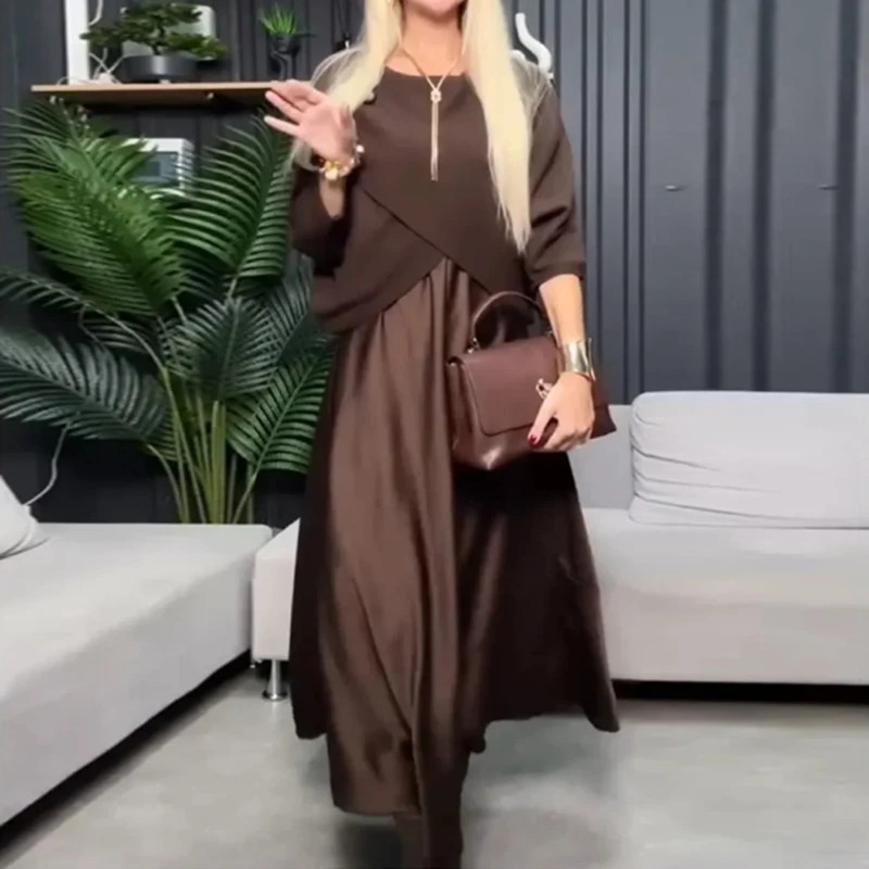Fashionable Cross Tops Patchwork Satin Dress Two Piece Dresses Women Elegant O Neck Half Sleeve Loose Boho Long Mujer 260127
