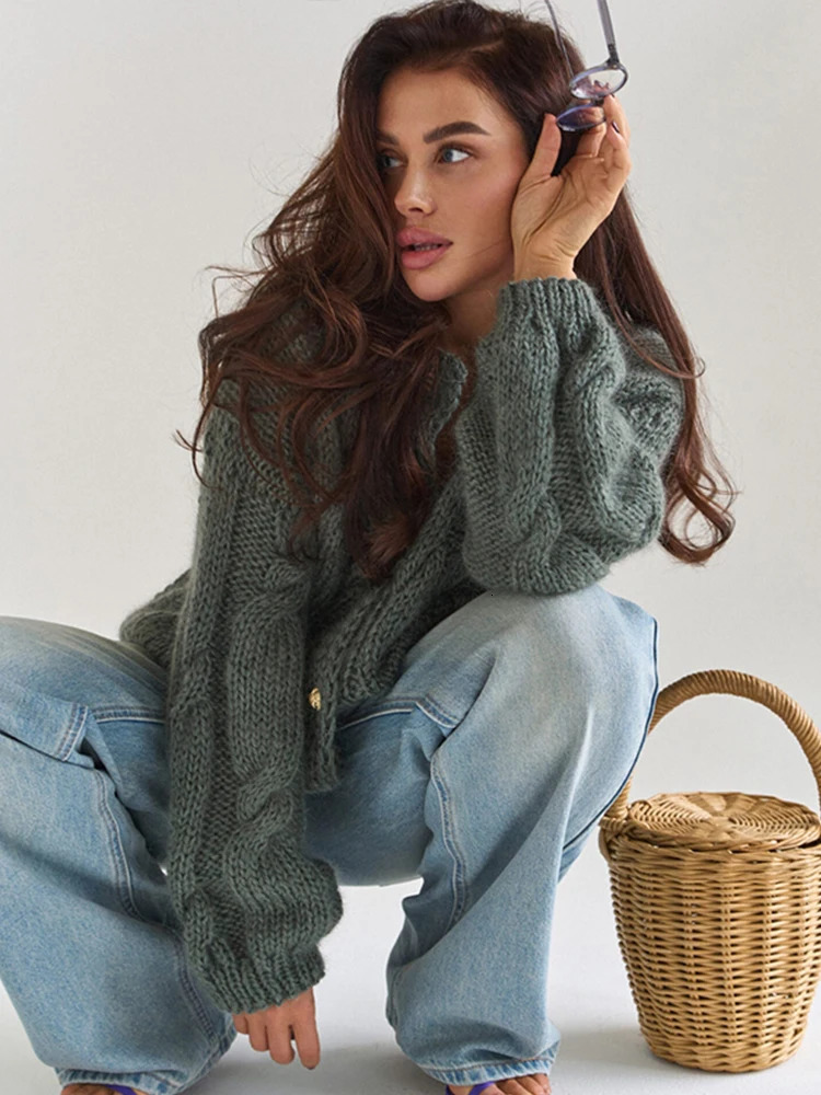 Elegant Thick-knit Womens Sweater Loose Solid O-neck Single Breasted Sweaters Female 2026 Fashion Spring Lady Knitwear 260122