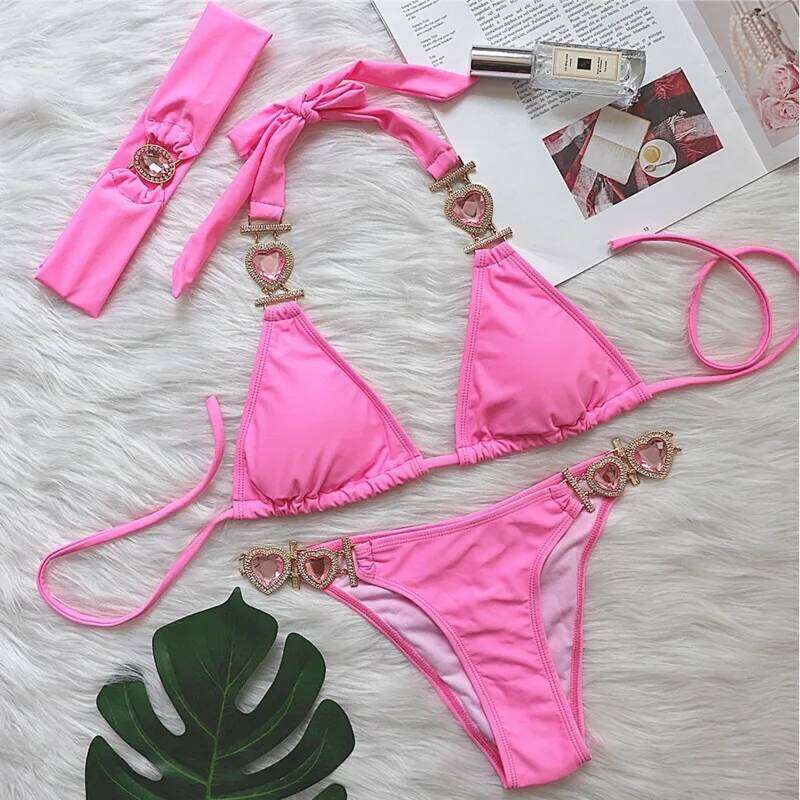 Sexy Rhinestones Bikinis Swimsuits With Headband Women Swimwear Female Push Up Bikini Beach Swim Wear Bathing Suits Pool Bather C260207