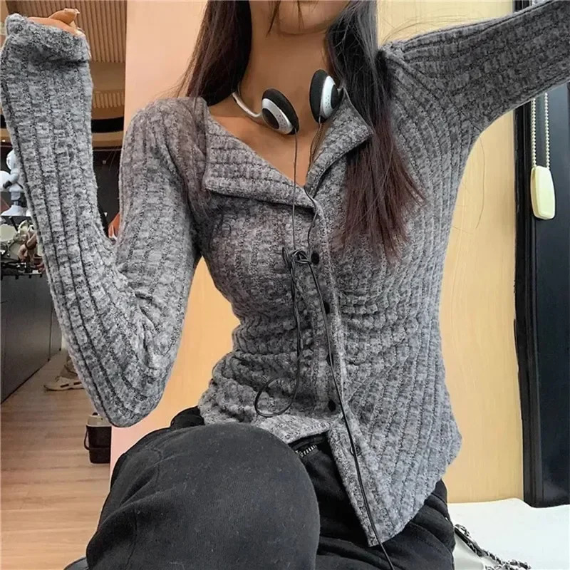 Korean Knit Cardigan Women Y2k Clothes V Lapel Long Sleeve Knitted Jumper Collar Sweater Coat Vintage Slim Cardigan 260122