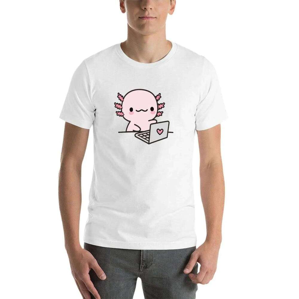 Axolotl working on the computer for t shirt man plain T-Shirt C260207