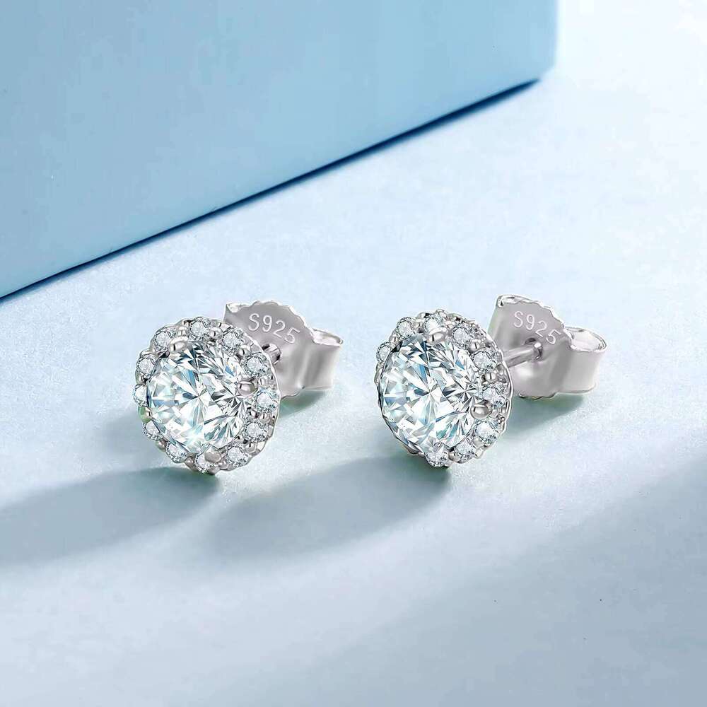 2Ct Big Moissanite 925 Sterling Silver Women Girl Men Jewelry Gold Plated Round Cut Lab Diamond 6.5Mm Halo Stud Earring