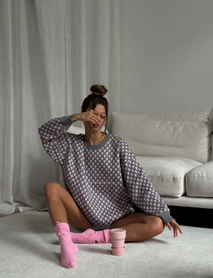 Pink Crew Neck Sweater for Women Autumn/Winter Knitwear Berry Jacquard Pattern Cute Waffle Weave Long Sleeve Knitted Top for Women